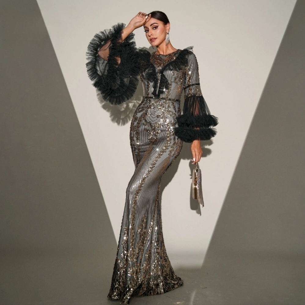 Silver Sequin Gown with V-Neck and Bishop Sleeves - Picture 3 of 15